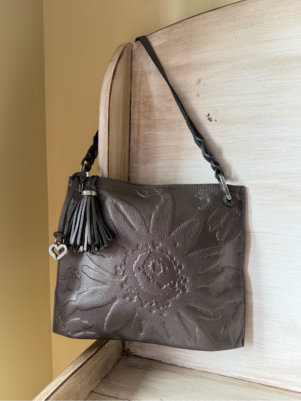Brighton Embossed Gun Metal Floral Leather Shoulder Bag